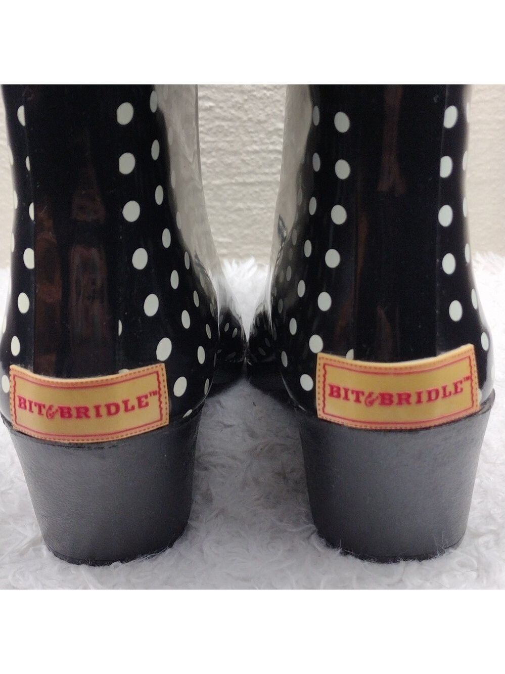Bit & Bridle Black White Polka Dot Pointed Toe Heeled Western Style Rain Boot - Picture 6 of 16